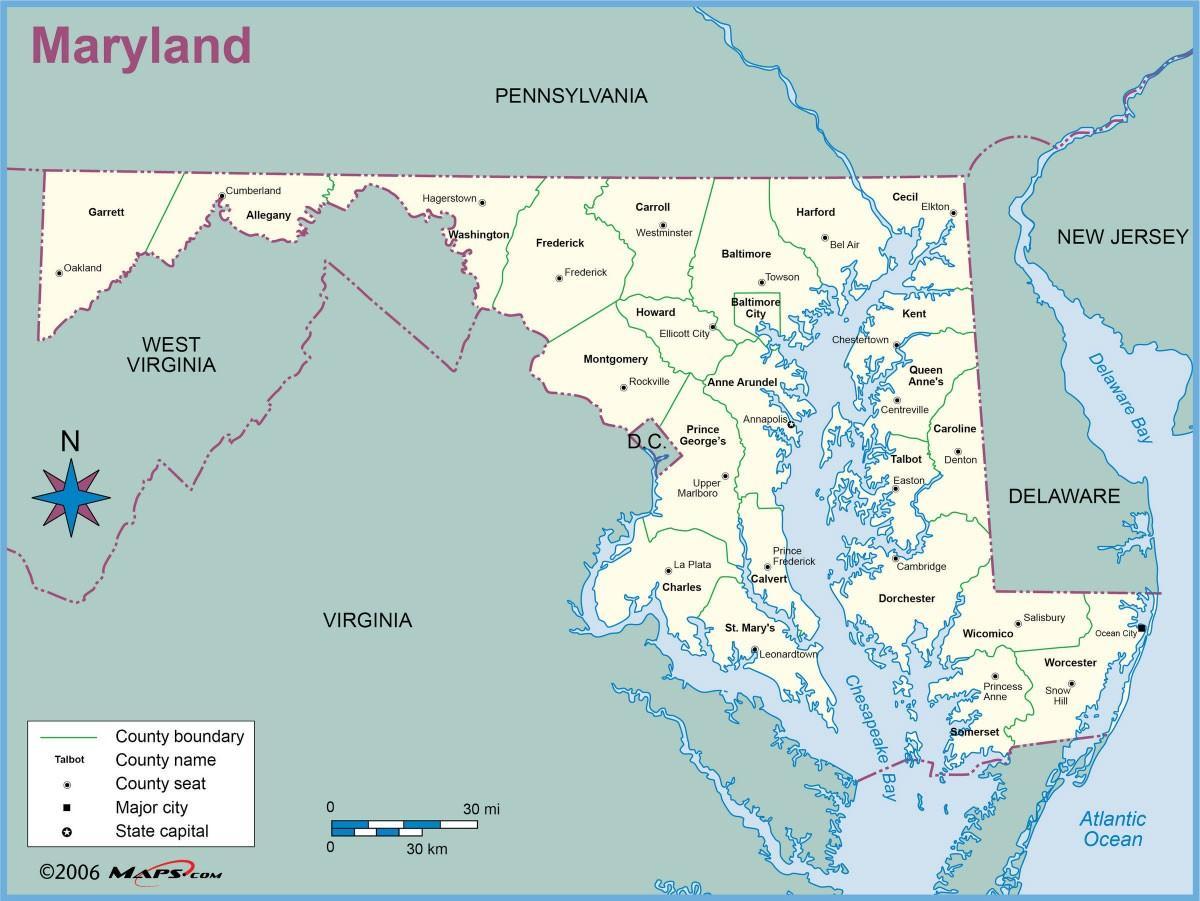 карта Мериленд и Вашингтон, округ Колумбија