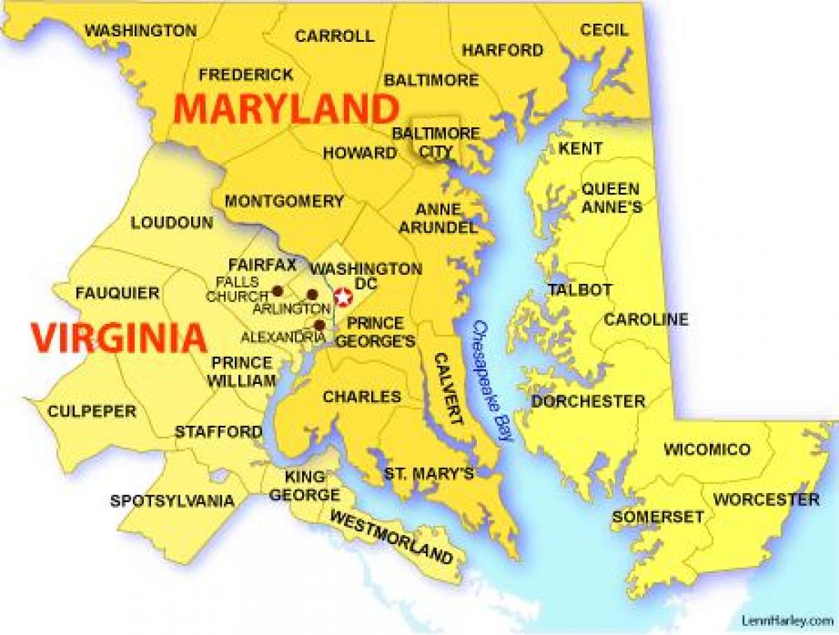 карта Мериленду, Вирџинији и Вашингтон, округ Колумбија